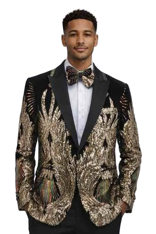 Mens Black and Gold Peacock Sequin Tuxedo Jacket – Luxury Prom Blazer with Shawl Lapel