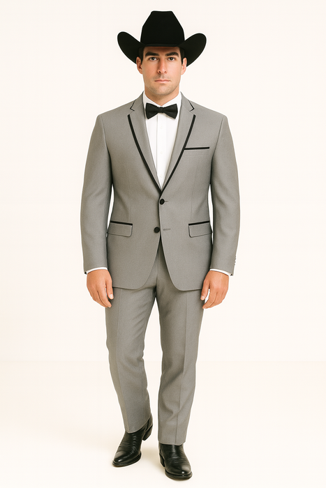 Grey~Gray 2 Button Collar Or Formal Suit & Dinner Jacker Or Blazer With Black Edge Trim Fashion Tuxedo For Men SA-M141s