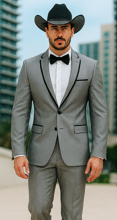 Grey~Gray 2 Button Collar Or Formal Suit & Dinner Jacker Or Blazer With Black Edge Trim Fashion Tuxedo For Men SA-M141s