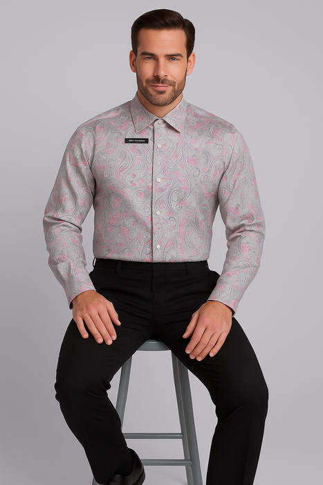 Mens Paisley Shirts - Club Fashion Dress Shirt Spread Collar in  Color Grey