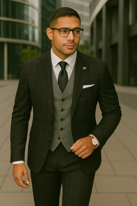 Wool Suit - Italian Made Business Suit by Statement Men's 3 Piece 100% Wool Modern Fit Suit - Bold Accent Color