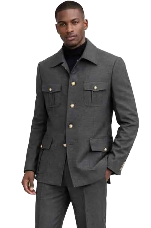 Mens Military Style Gray Safari Suit – 4 Pocket Gold Button Designer Fashion Suit Modern Fit