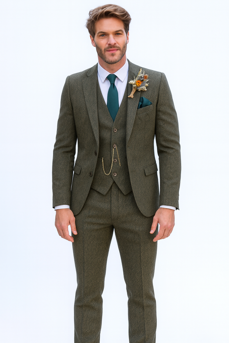 SKU#JA60784 Groomsmen Tweed Suit - Green Herringbone Western Suit - Traje Para Hombre