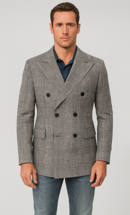 Houndstooth Plaid Peacoat - Gray And Black Patterned Wool Fabric Car Coat
