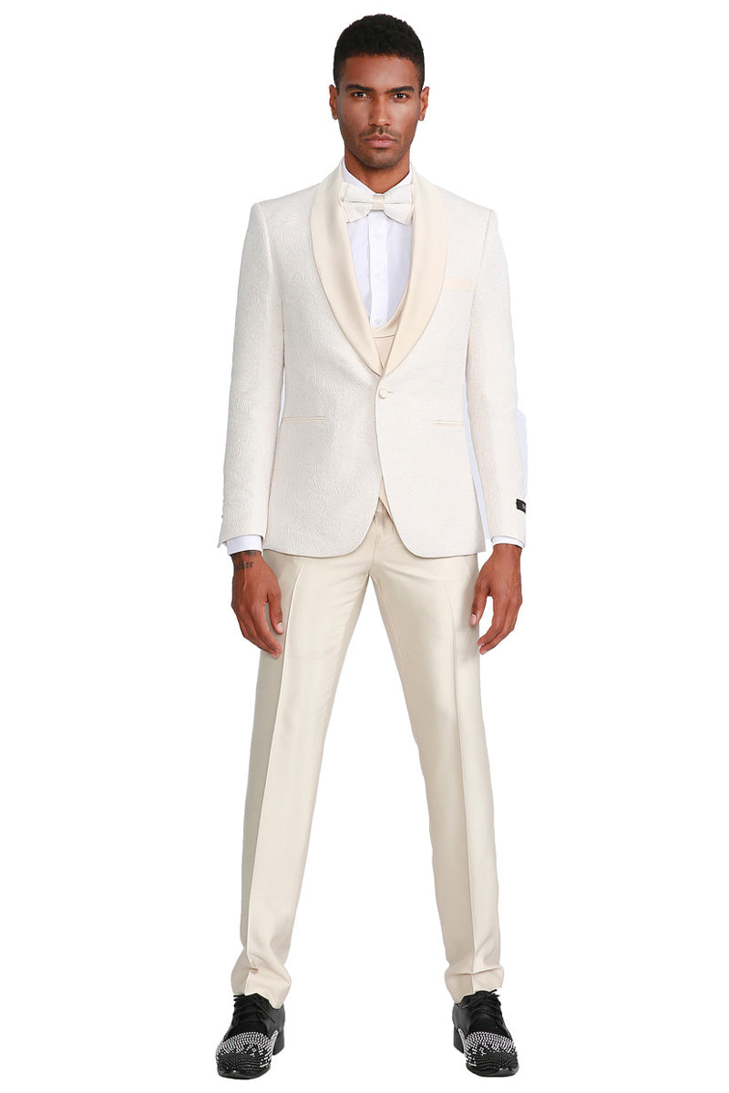 Graduation Suit - Men's One Button Vested Paisley Prom & Wedding Tuxedo with Satin Vest and Pants in Ivory - Image 2