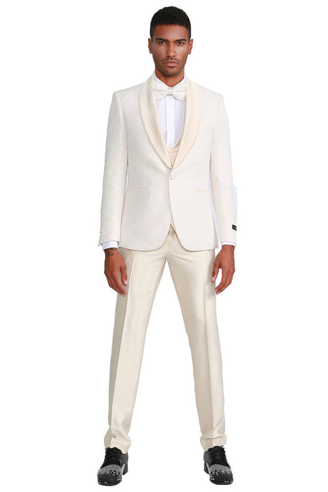 Graduation Suit - Men's One Button Vested Paisley Prom & Wedding Tuxedo with Satin Vest and Pants in Ivory