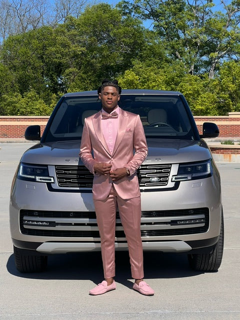 Graduation Suit - Men's One Button Vested Shiny Satin Sharkskin Prom & Wedding Party Suit in Dusty Rose