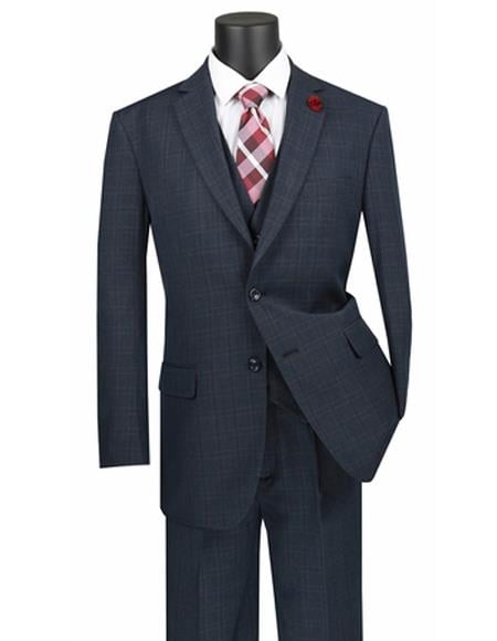Blue Plaid Vested 3 Piece ~ Window Pane 2 Button Regular Fit Poly/Rayon Suit