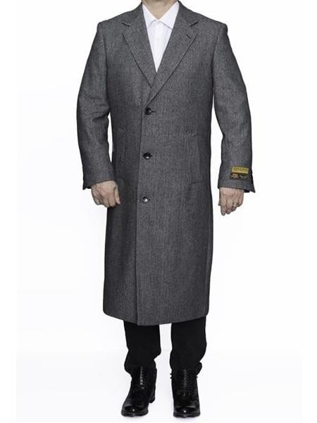 Men's Dress Coat Three Button Full Length Herringbone Gray Overcoat ~ Long Men's Dress Topcoat - Winter coat