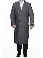 Men's Dress Coat Three Button Full Length Herringbone Gray Overcoat ~ Long Men's Dress Topcoat - Winter coat