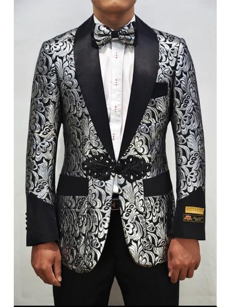 Silver ~ Black Men'S Printed Patterned Print Floral Dinner Jacket