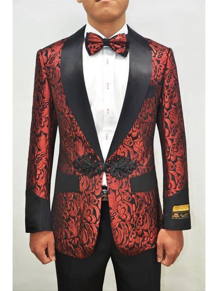 Smoking-2 Men's Smoking Cocktail Dinner Jacket Shawl Collar Floral Paisley Flashy Fancy Cheap Priced Blazer Jacket For Men Red ~ Black (Pre back order For Jan 15 2020)