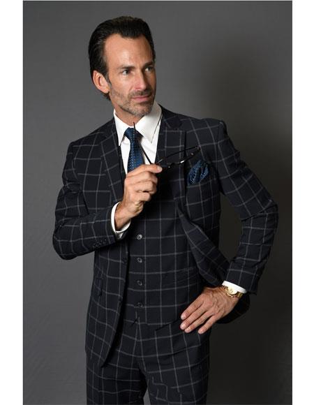 Men's Two Button Checked Pattern Dark Navy Suit Advanced