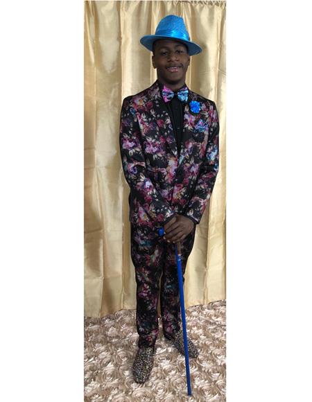 Men's Black Floral Pattern One Buttons One Chest Pocket Tuxedo