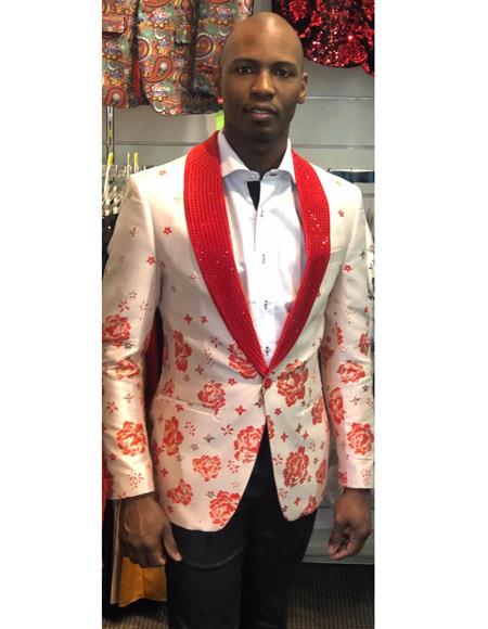 Men's White Floral Patter Button Closure Besom Front Pockets Cheap Priced Designer Fashion Dress Casual Blazer On Sale Blazer