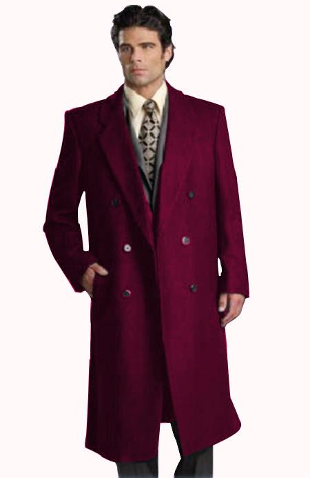 Men's Six Button Dark Burgundy Fully Lined Long Coat