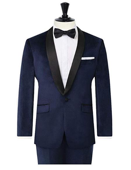 Navy Contrast Shawl Lapel  Velvet Men's blazer