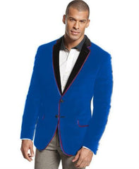 Velour Men's blazer Jacket Velvet Formal Tuxedo Sport Coat Two Tone Trimming Notch Collar Royal Blue