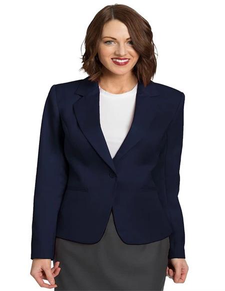 Navy One Button Solid Pattern Women Blazer