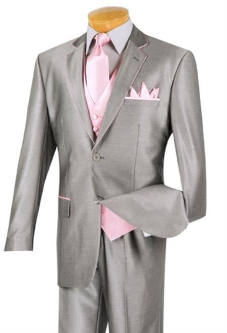 Grey and Pink Suit Including Shirt and Tie