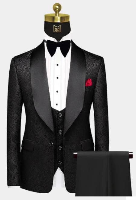 Men One Button Floral All Black Tuxedo with Shawl Lapel – 3 Piece