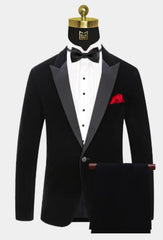 Men One Button Black Velvet Tuxedo Suit – 2 Piece