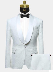 Men One Button Floral All White Tuxedo with Shawl Lapel – 2 Piece