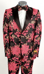 Mens Hot Pink Fuschia ~ Black 2 Button Floral Paisley Tuxedo
