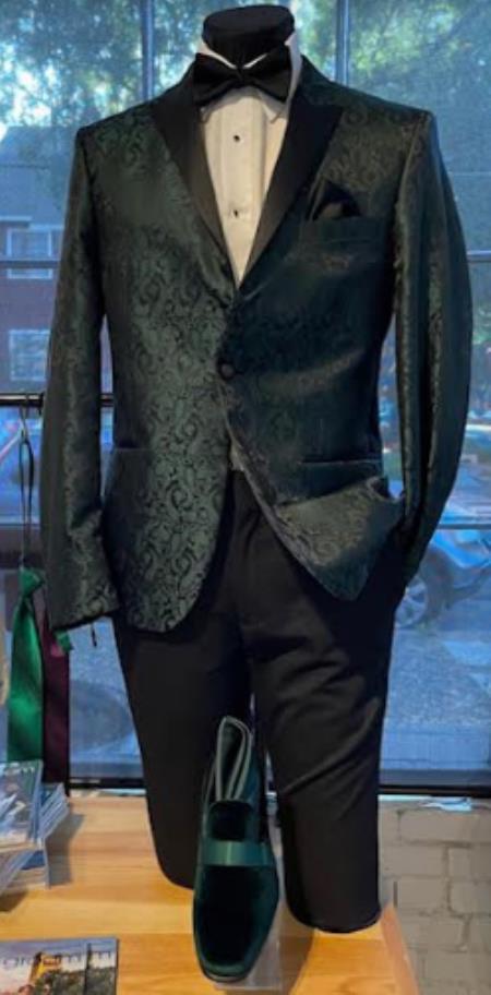 Olive Green Tuxedo Blazer - Paisley Floral Dinner Jacket
