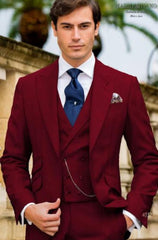 Mens One Button Peak Lapel Suit Burgundy