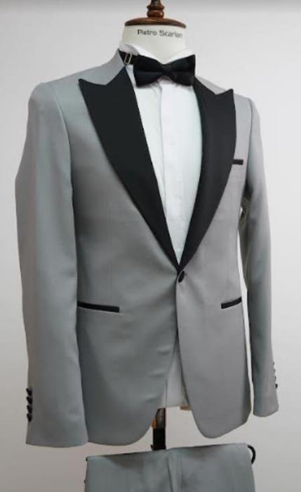 Mens One Button Peak Label Suit Gray and Black