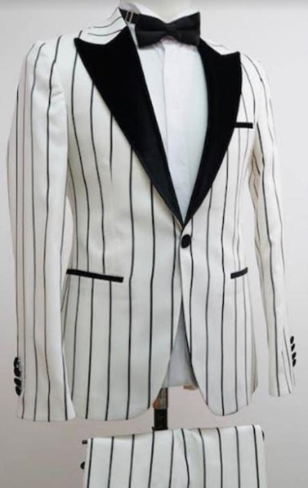 Mens One Button Pinstripe Pattern Suit White and Black
