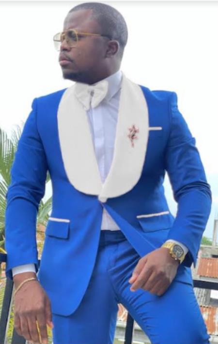 Mens Vested Designer Wide Royal Blue Velvet Shawl Tuxedos in Ivory Paisley Designer Prom Tuxedos
