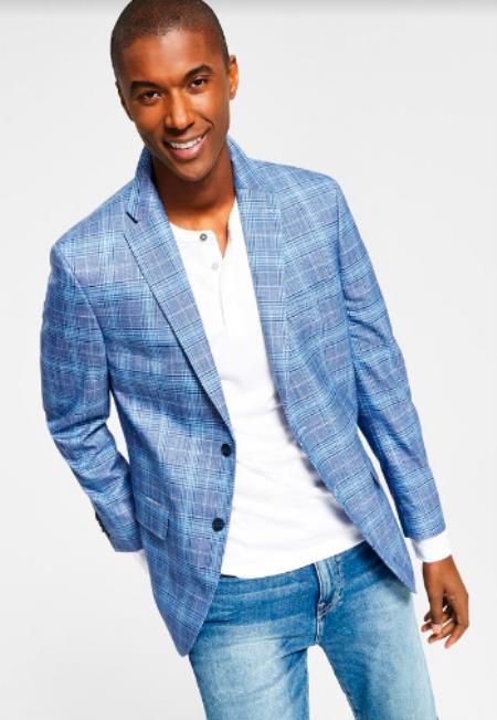 Mens Plaid Blazer - Windowpane Blazer - Textured Pattern - Blue