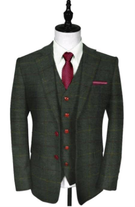 Mens Winter Suit - Suit For Cold Weather - Winter Color Tweed Herringbone Green Suit