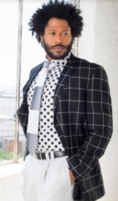 Black and Bold White Plaid Blazer - Mens Black Sport Coat