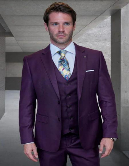 Statement Mens 3 Piece Suit - Tone on Tone Plaid Plum - 100% Percent Wool Fabric Suit - Worsted Wool Business Suit