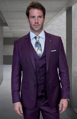 Statement Mens 3 Piece Suit - Tone on Tone Plaid Plum - 100% Percent Wool Fabric Suit - Worsted Wool Business Suit
