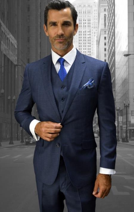 Statement Suits - Plaid Suits - Business Suits Italian Vested Suits Sapphire - 100% Percent Wool Fabric Suit - Worsted Wool Business Suit