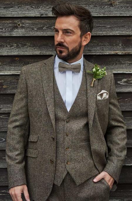 SKU#JA60785 Groomsmen Tweed Suit - Brown Herringbone Western Suit - Traje Para Hombre