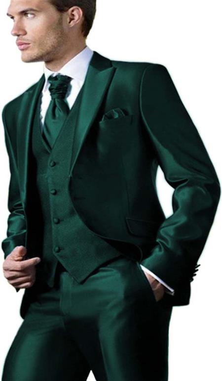 Shiny Suit - Prom Suit - Vested Sateen Flashy Suit - Hunter Green - Emerald Color