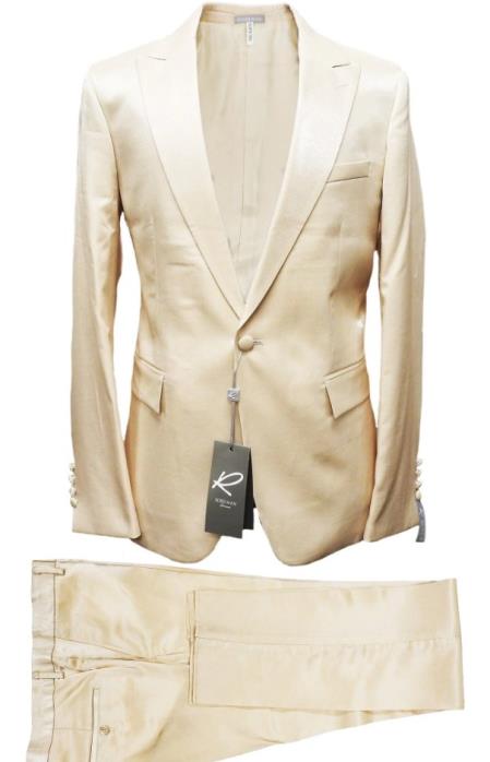 Rossiman Men’s Cream Sateen Suit – Elegant Glossy Formalwear Modern Fit