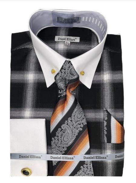 Black Pin Collar Dress Shirt With Collar Bar