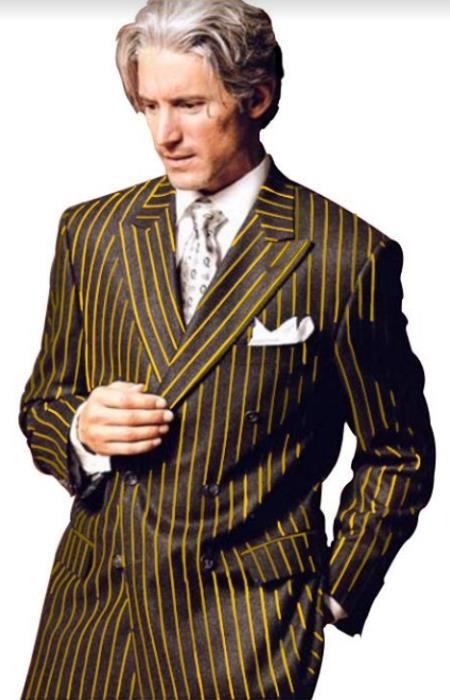 Mens Chalk Stripe Suits - Black and Gold Suit