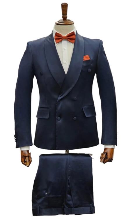 Mens Double Breast Sateen Shiny Fabric Metallic Fabric - Sharskin Navy Suit
