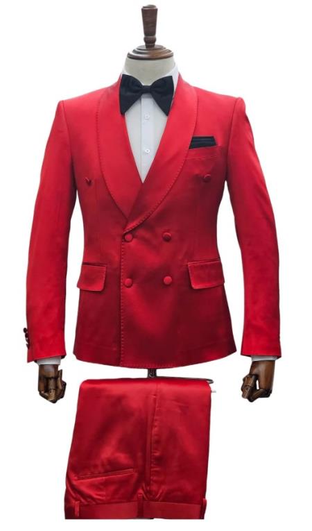 Mens Double Breast Suit Red - Sateen Shiny Fabric Metallic Fabric - Sharskin