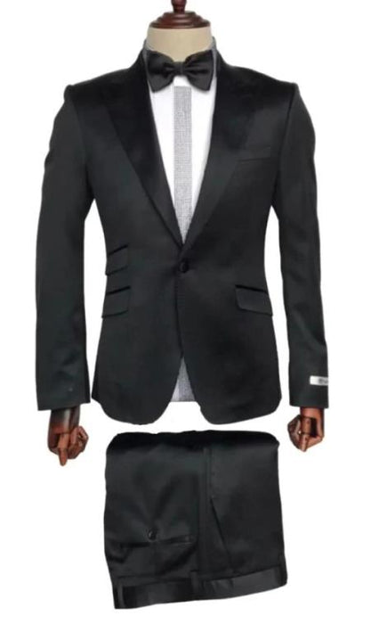 Mens Single Breast Suit Black - Sateen Shiny Fabric Metallic Fabric - Sharskin
