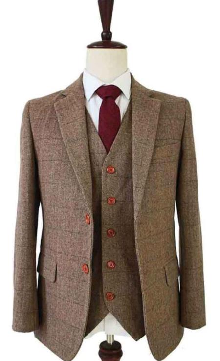 Men’s Plus Size Brown Herringbone Check Tweed 2-Piece Suit