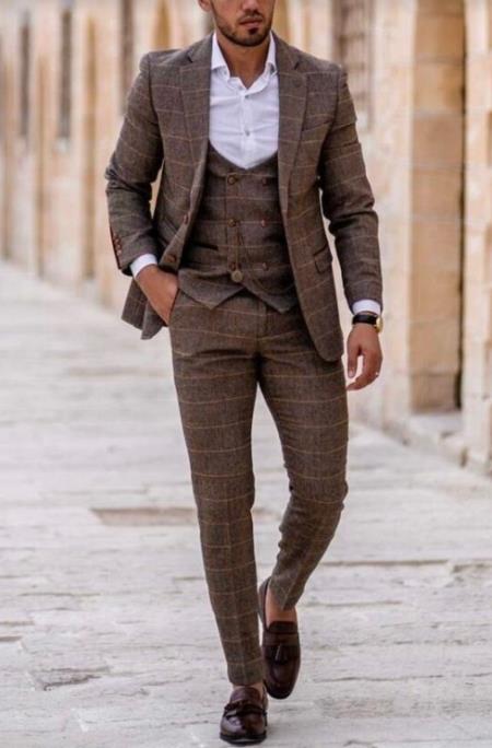 Mens Two Button Notch Label Tweed Suit Brown