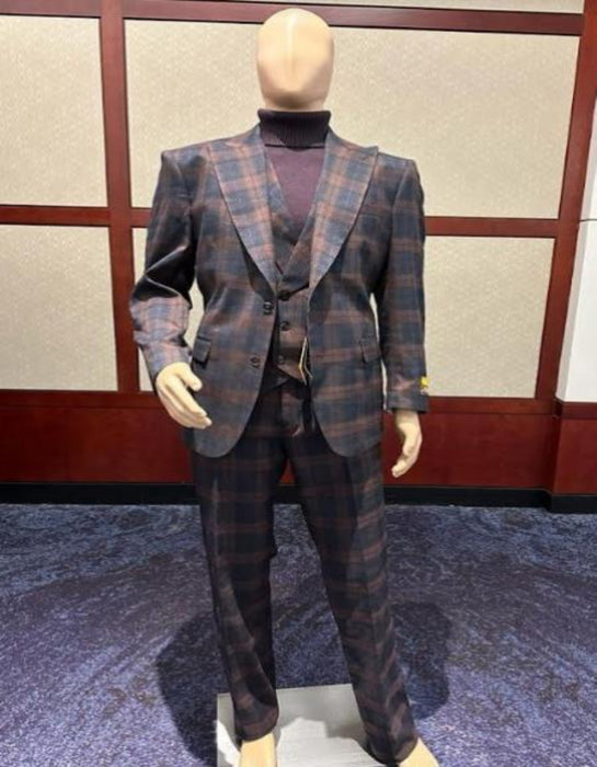 Wool Suit - Mens Plaid Suit - Checkered Windowpane - Super 150s Fabric Business Suit Brown - 100% Percent Wool Fabric Suit - Worsted Wool Business Suit
